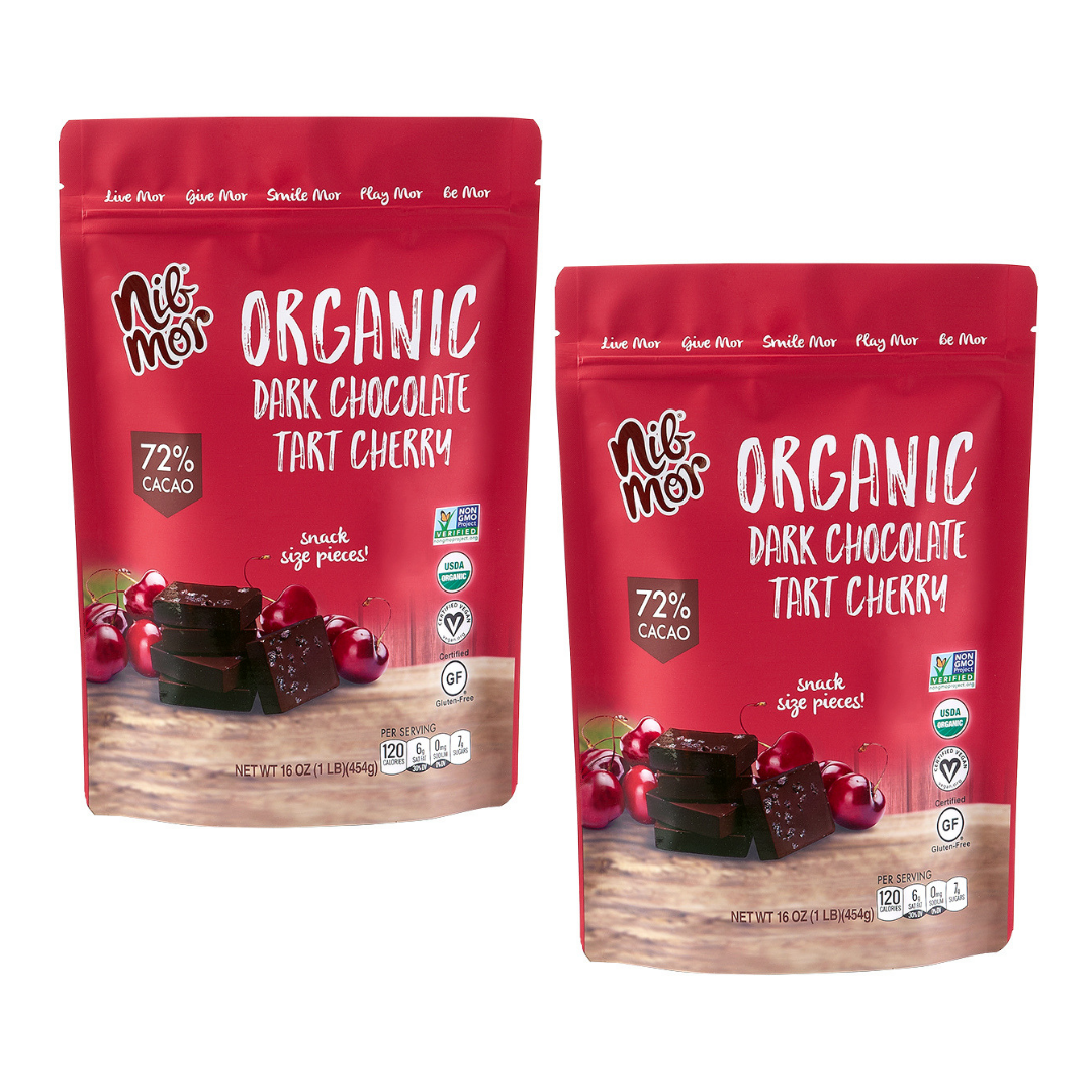 16 oz Organic Dark Chocolate with Tart Cherries 72% Cacao Snacking Bag, Organic Bars, NibMor, NibMor, LLC - NibMor